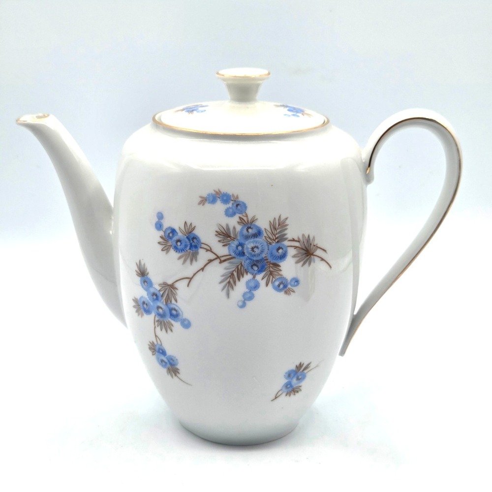 VINTAGE Bavarian Fine China Porcelain TeaPot Delicate Blue Floral Gold Trim